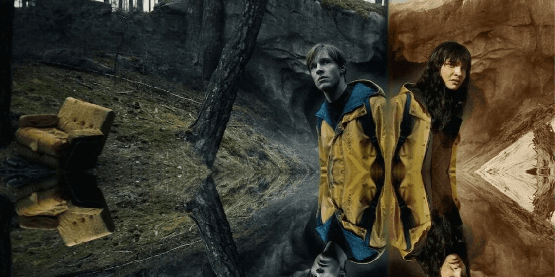 Cena da série Dark com um lado o protagonista, um adolescente alemão loiro e usando seu tradicional casaco amarelo, explorando uma caverna e, do outro, a protagonista, explorando a mesma caverna, mas com tons mais claros na imagem 