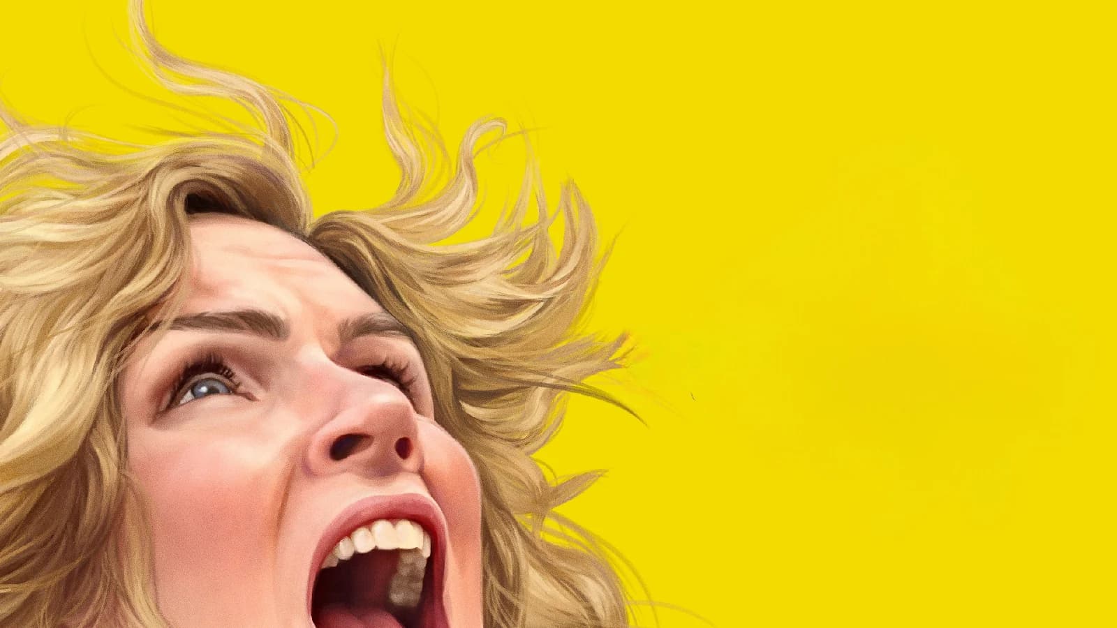 Imagem de divulgação de Pluribus com mulher loira gritando em um fundo amarelo