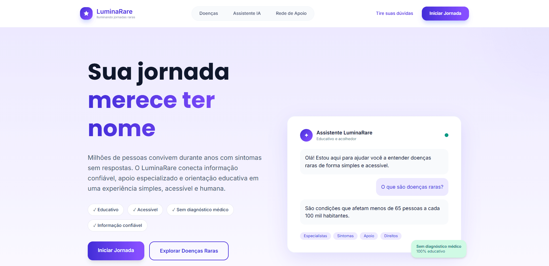 Print da tela de abertura do Luminarare, com telas de exemplo e o slogan "Sua jornada merece ter nome" escrita em roxo