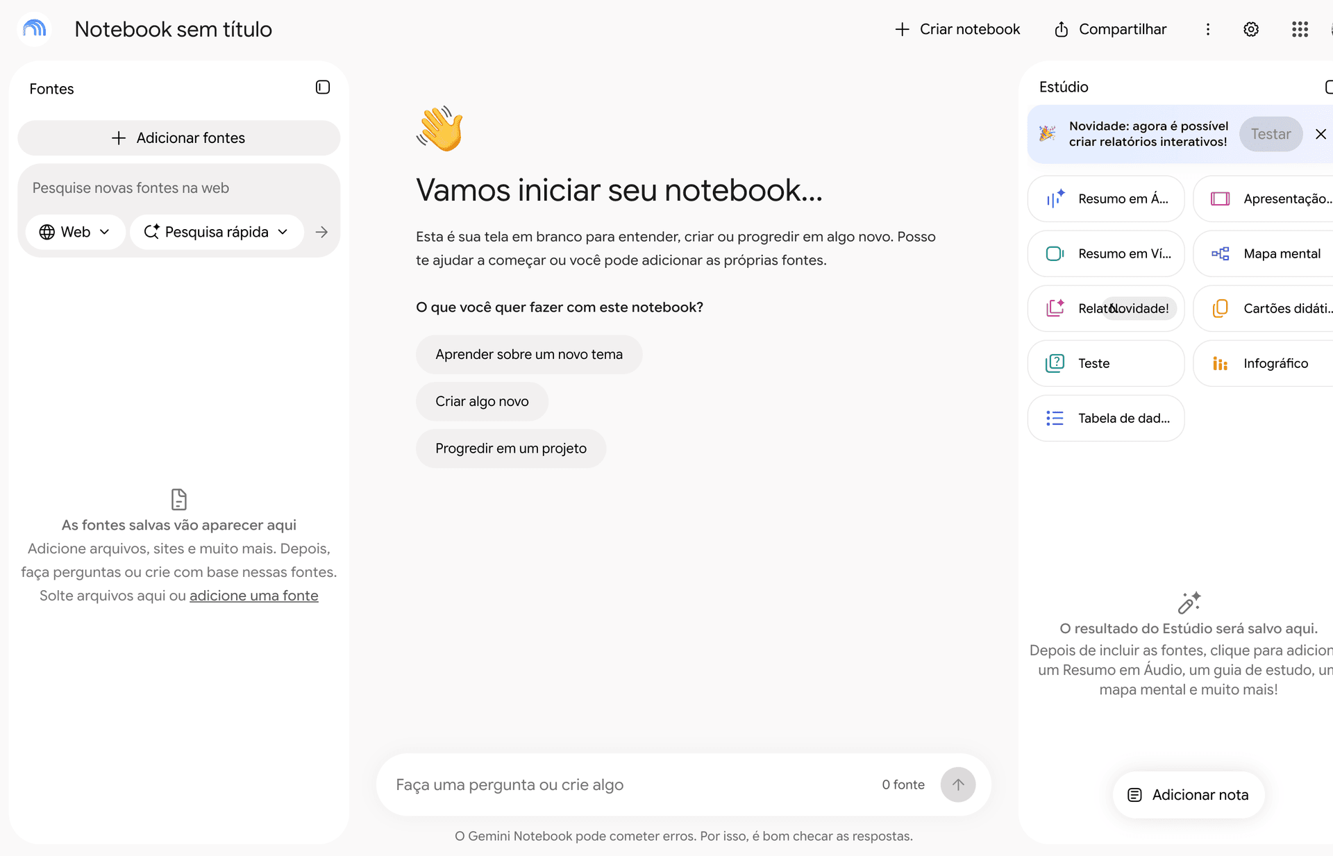 Tela inicial do Gemini Notebook, com opções de enviar os materiais de consulta