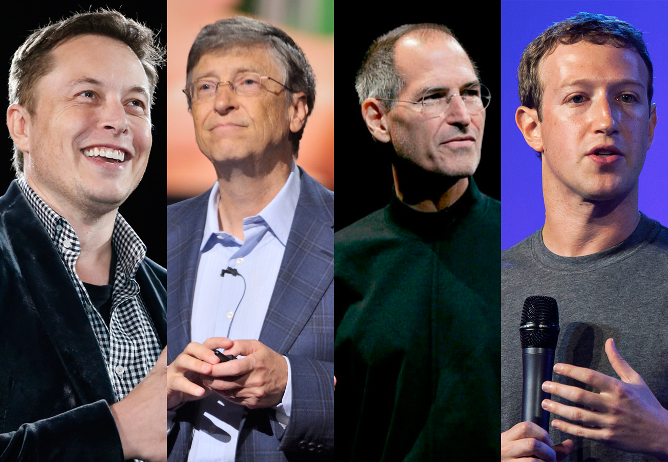 Os empreendedores Elon Musk, Bill Gates, Steve Jobs e Mark Zuckerberg