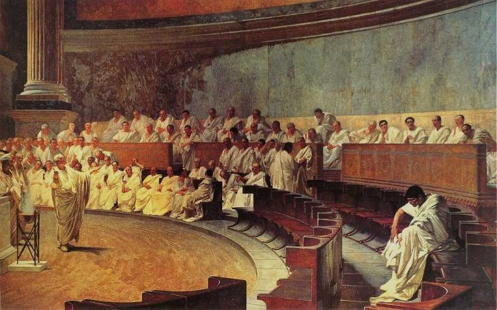 Pessoas têm aula de oratória na Roma Antiga, nos primórdios das civilizações
