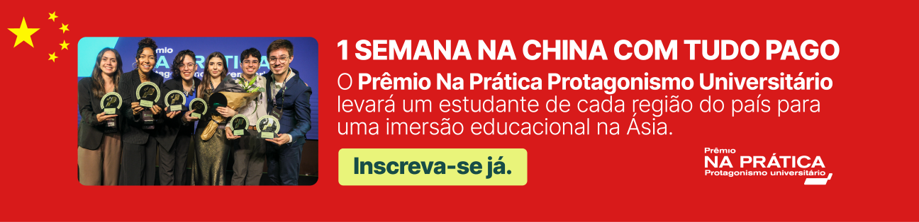 Banner em vermelho e amarelo oferecendo uma viagem à China com tudo pago para os vencedores do Prêmio Protagonismo Universitário 2026.